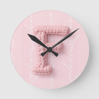 Cute pink F monogram initial crocheted letter boho Round Clock
