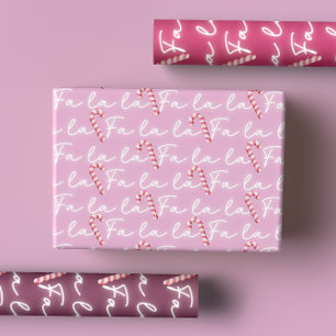 Cute Pink Fa La La Whimsical Candy Cane Christmas Wrapping Paper Sheets