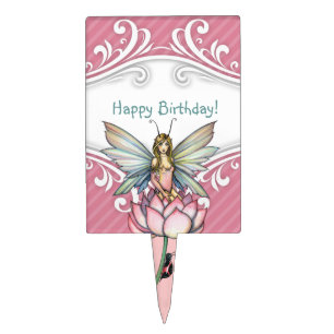 Cute Pink Fairy and Ladybug Birthday Cake Topper