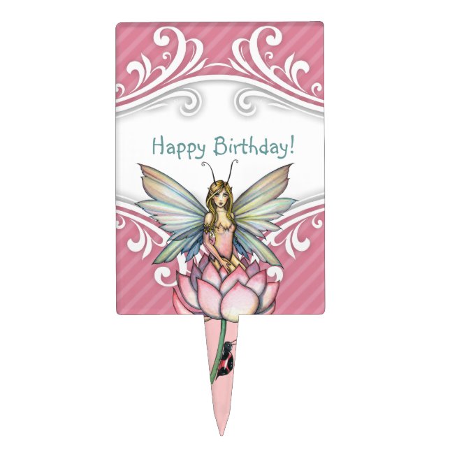Cute Pink Fairy and Ladybug Birthday Cake Topper (Front)