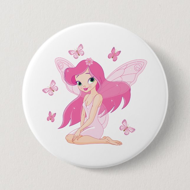 Cute Pink Fairy and Magical Butterflies Button (Front)