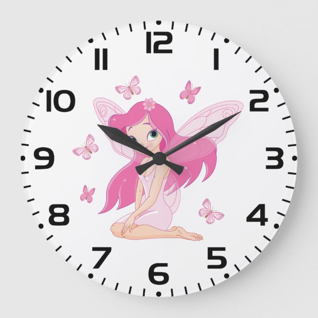 Cute Pink Fairy and Magical Butterflies Large Clock (Front)