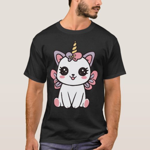 Cute Pink Fairy Cat Unicorn With Wings T_Shirt