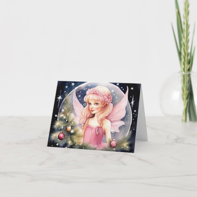 Cute Pink Fairy Christmas Card (Front)