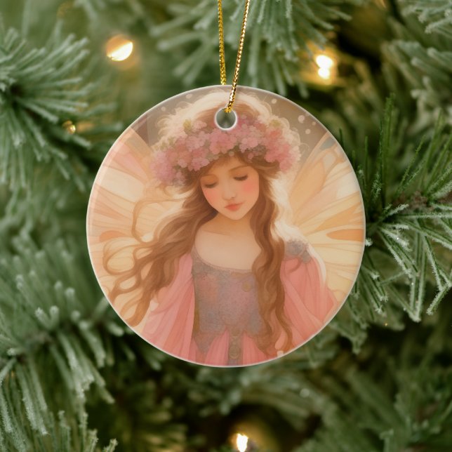 Cute Pink Fairy Fantasy Painting Ceramic Ornament (Tree)