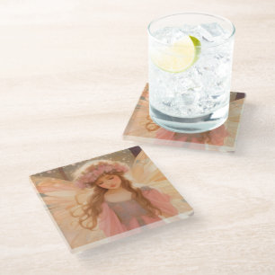 Cute Pink Fairy Fantasy Painting Glass Coaster