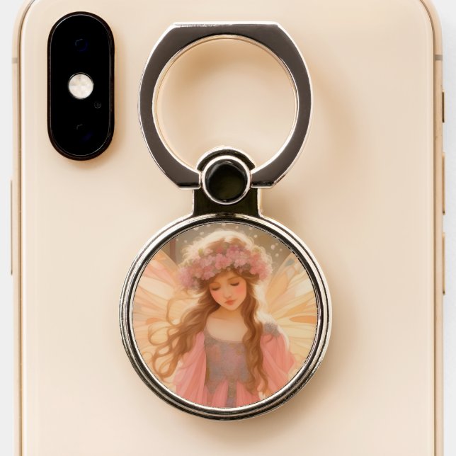 Cute Pink Fairy Fantasy Painting Phone Ring Stand (Close Up)