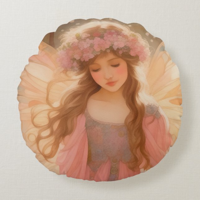 Cute Pink Fairy Fantasy Painting Round Pillow (Front)