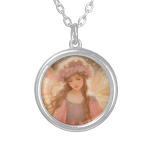Cute Pink Fairy Fantasy Painting Silver Plated Necklace