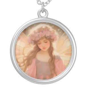 Cute Pink Fairy Fantasy Painting Silver Plated Necklace