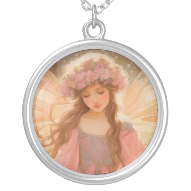 Cute Pink Fairy Fantasy Painting Silver Plated Necklace (Front)