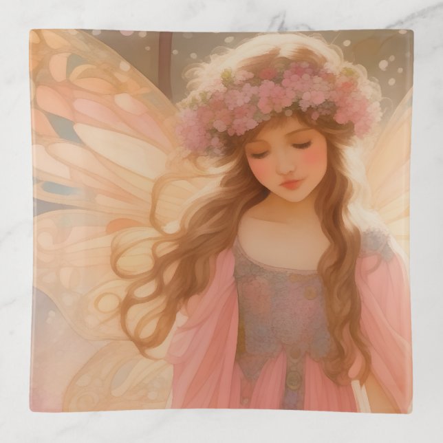 Cute Pink Fairy Fantasy Painting Trinket Tray (Front)