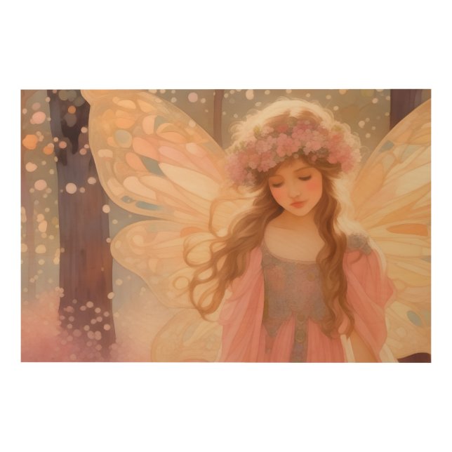 Cute Pink Fairy Fantasy Painting Wood Wall Art (Front)
