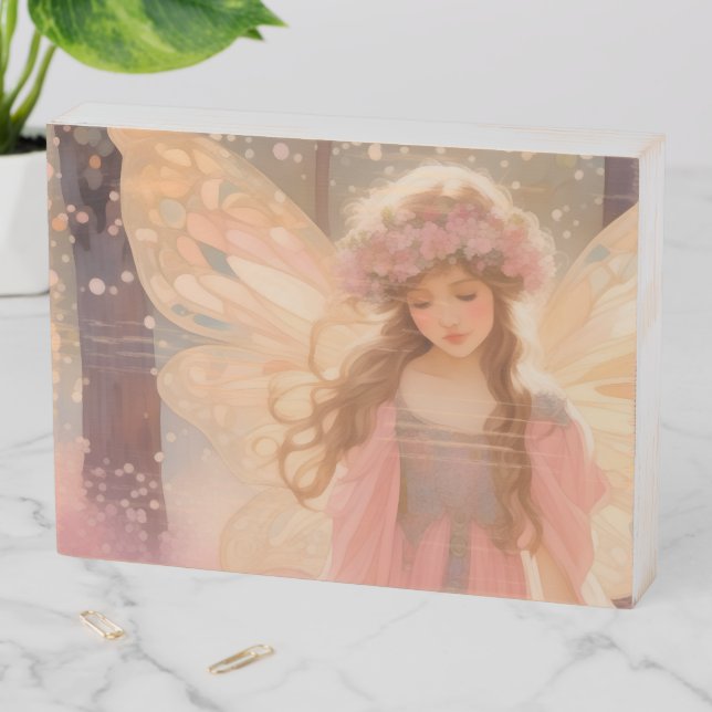 Cute Pink Fairy Fantasy Painting Wooden Box Sign (In Situ Horizontal)