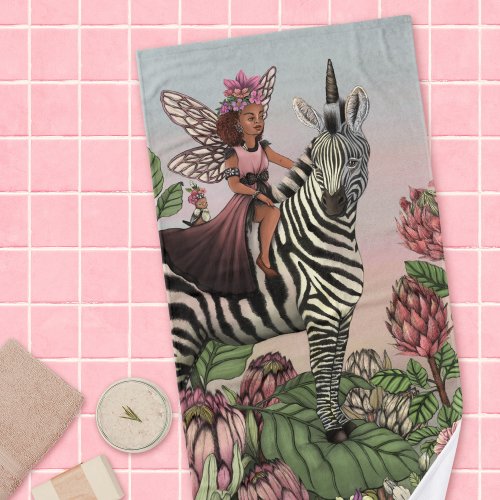 Cute Pink Fairy on Zebra Unicorn Floral Art  Bath Towel