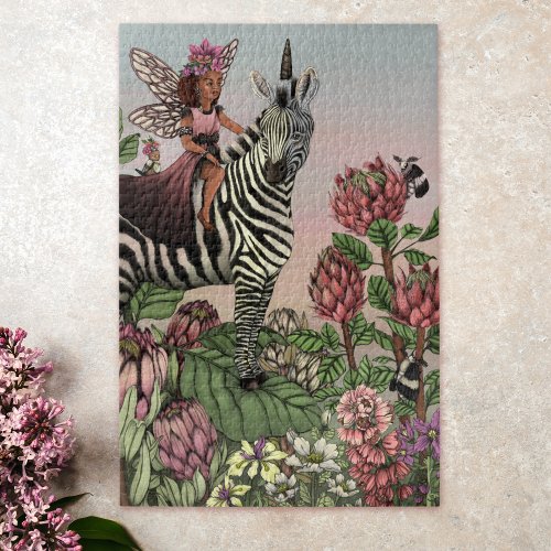 Cute Pink Fairy on Zebra Unicorn Floral Art  Jigsaw Puzzle
