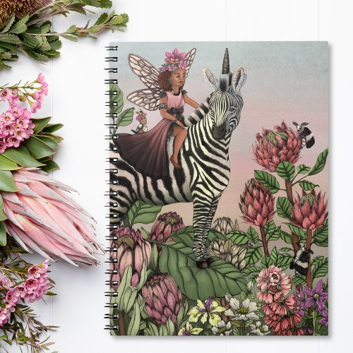 Cute Pink Fairy on Zebra Unicorn Floral Art  Notebook