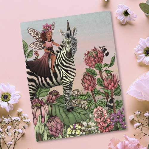Cute Pink Fairy on Zebra Unicorn Floral Art  Postcard