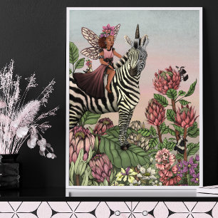 Cute Pink Fairy on Zebra Unicorn Floral Art Poster