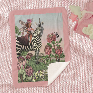 Cute Pink Fairy on Zebra Unicorn Floral Art Sherpa Blanket