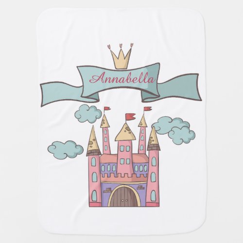 Cute Pink Fairy Tale Princess Castle Custom Name Baby Blanket