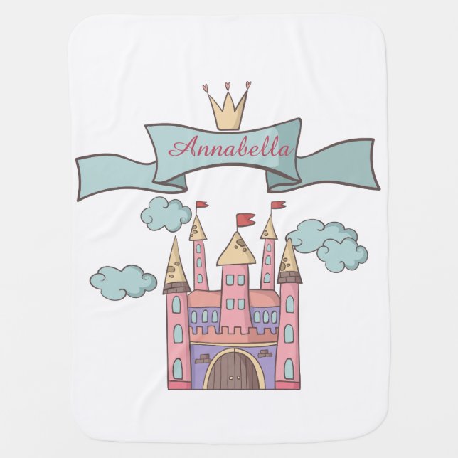 Cute Pink Fairy Tale Princess Castle Custom Name Baby Blanket (Front)