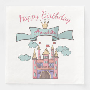Cute Pink Fairy Tale Princess Castle Custom Name Paper Dinner Napkins