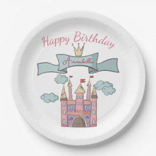 Cute Pink Fairy Tale Princess Castle Custom Name Paper Plates
