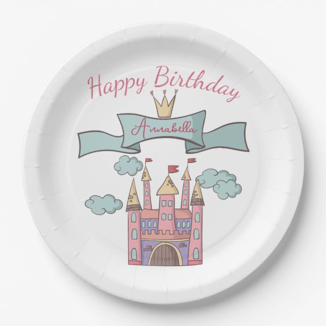 Cute Pink Fairy Tale Princess Castle Custom Name Paper Plates (Front)