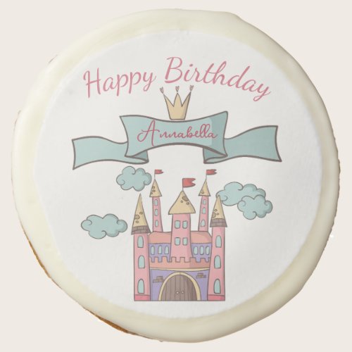 Cute Pink Fairy Tale Princess Castle Custom Name Sugar Cookie