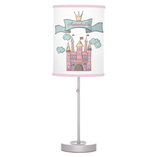 Cute Pink Fairy Tale Princess Castle Custom Name Table Lamp