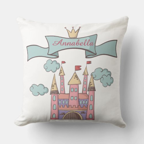 Cute Pink Fairy Tale Princess Castle Custom Name Throw Pillow