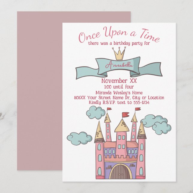 Cute Pink Fairy Tale Princess Castle Invitation (Front/Back)