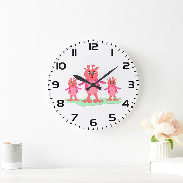 Cute Pink Fantasy Creatures Whimsical Aliens  Large Clock (Creator Uploaded)