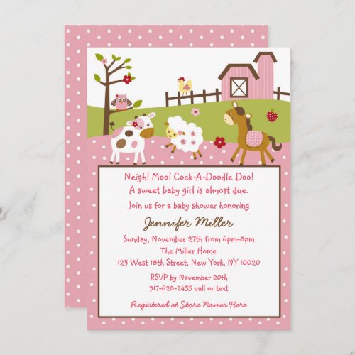 Cute Pink Farm Animal Baby Shower Invitation