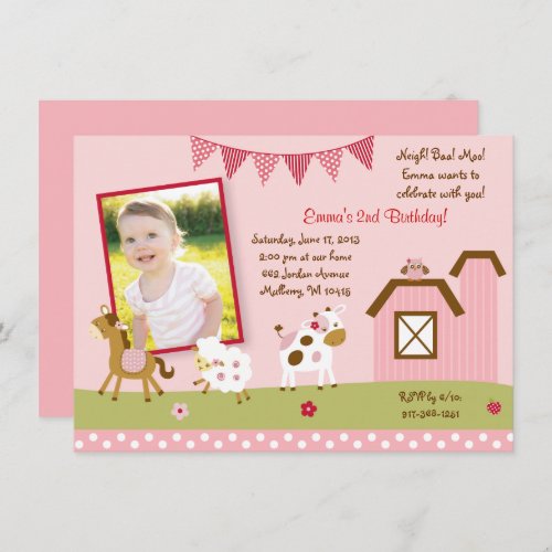 Cute Pink Farm Animal Birthday Invitation