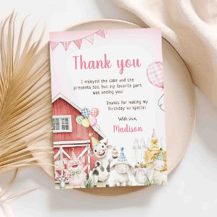 Cute Pink Farm Animals 1st Birthday Thank You Card