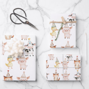 Cute Pink Farm Animals 1st Birthday Wrapping Paper Sheets