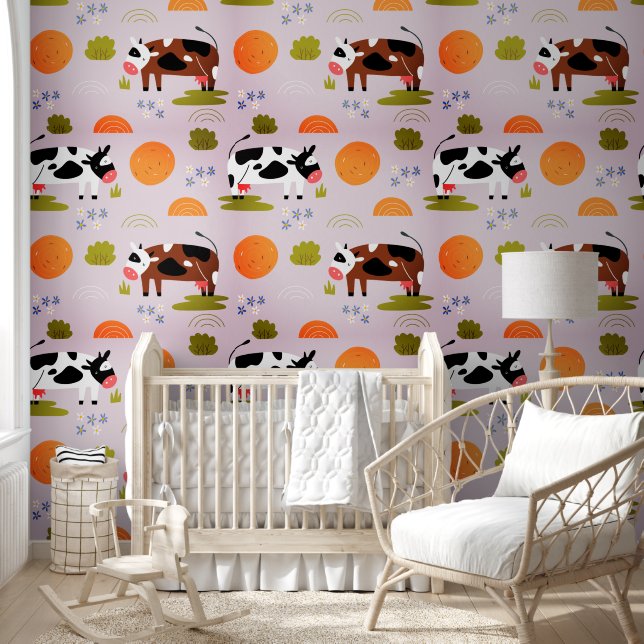 Cute Pink Farm Animals Pattern Kids Nursery Room Wallpaper (Kids)