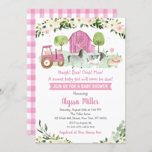 Cute Pink Farm Baby Shower Invitation