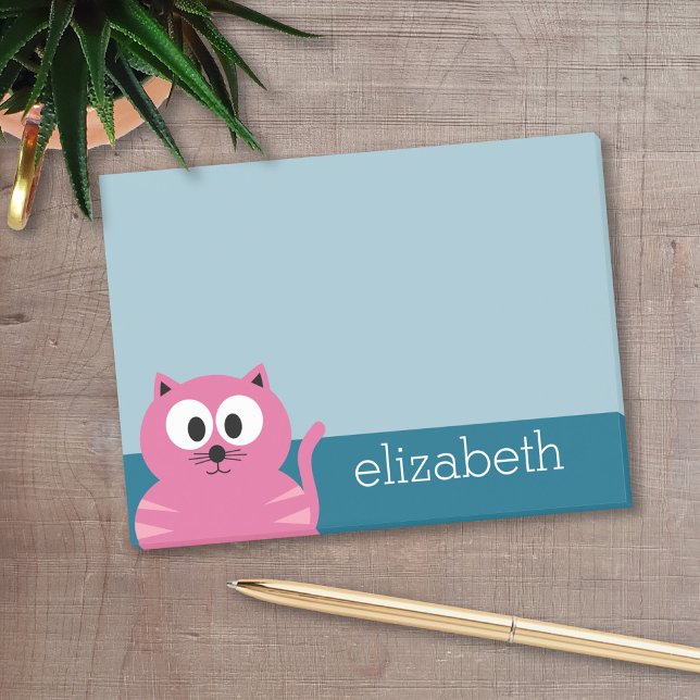 Cute Pink Fat Cat - Blue Background Post-it Notes (Personalized post it notes with low quantity. Add your personal touch.)