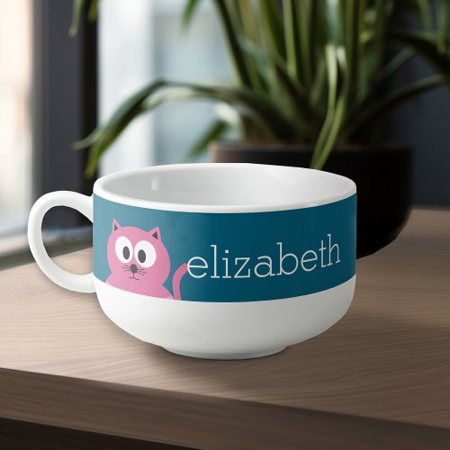 Cute Pink Fat Cat _ Blue Background Soup Mug