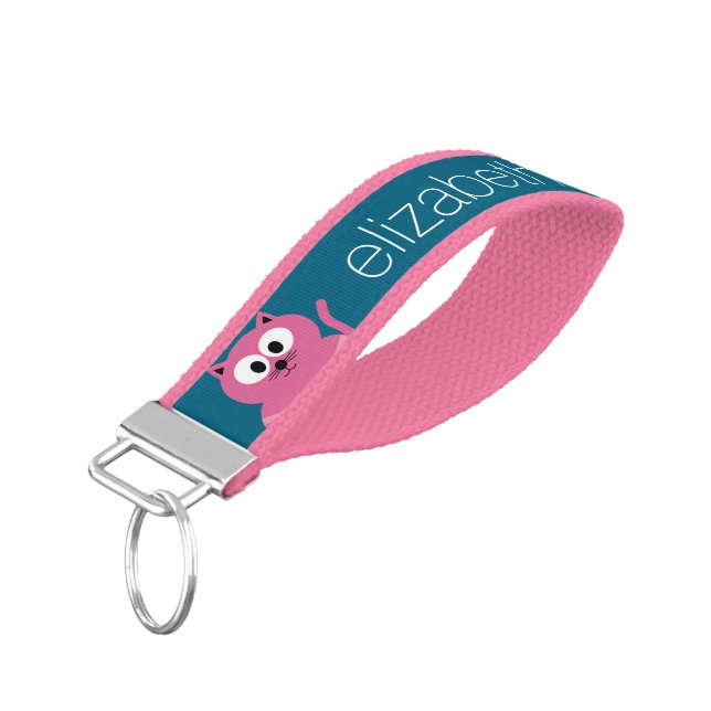 Cute Pink Fat Cat - Blue Background Wrist Keychain (Angled Down)