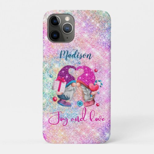 Cute pink faux glitter gnome Christmas monogram iPhone 11 Pro Case
