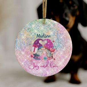 Cute pink faux glitter gnome Christmas monogram Ceramic Ornament