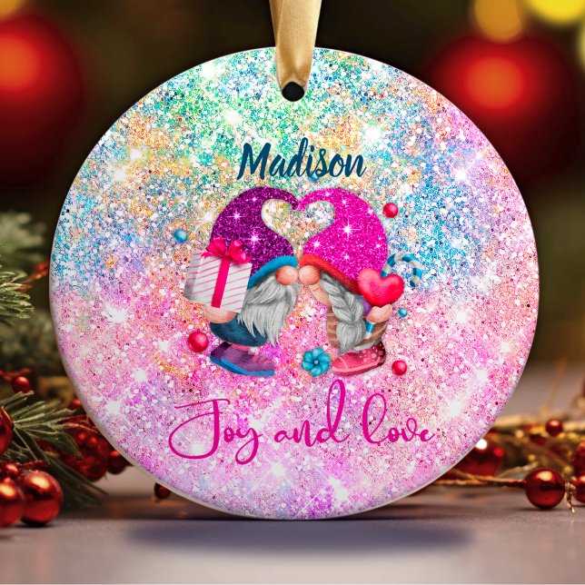 Cute pink faux glitter gnome Christmas monogram Ceramic Ornament (Creator Uploaded)