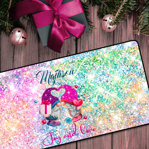 Cute pink faux glitter gnome Christmas monogram Desk Mat