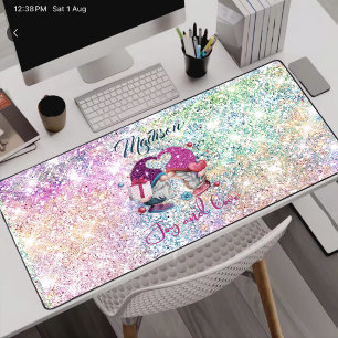 Cute pink faux glitter gnome Christmas monogram Desk Mat