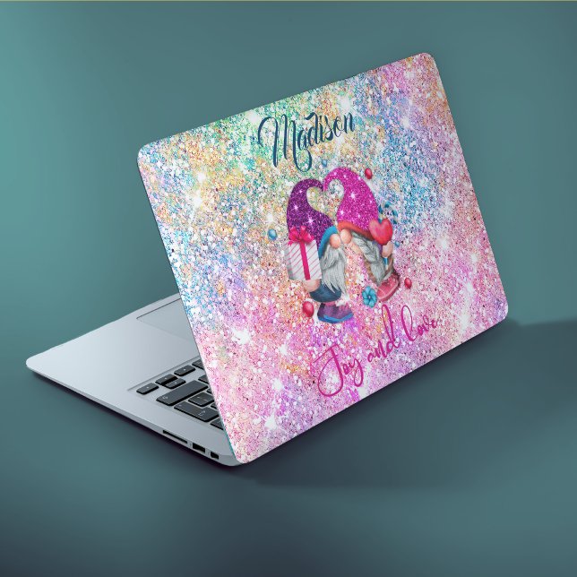 Cute pink faux glitter gnome Christmas monogram HP Laptop Skin (Creator Uploaded)