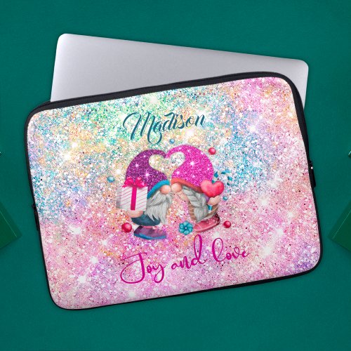 Cute pink faux glitter gnome Christmas monogram Laptop Sleeve